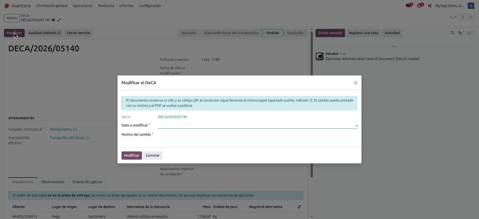 Asistente Modificar el DeCA en Odoo: el documento conserva su URL y su QR, con dato a modificar y motivo del cambio