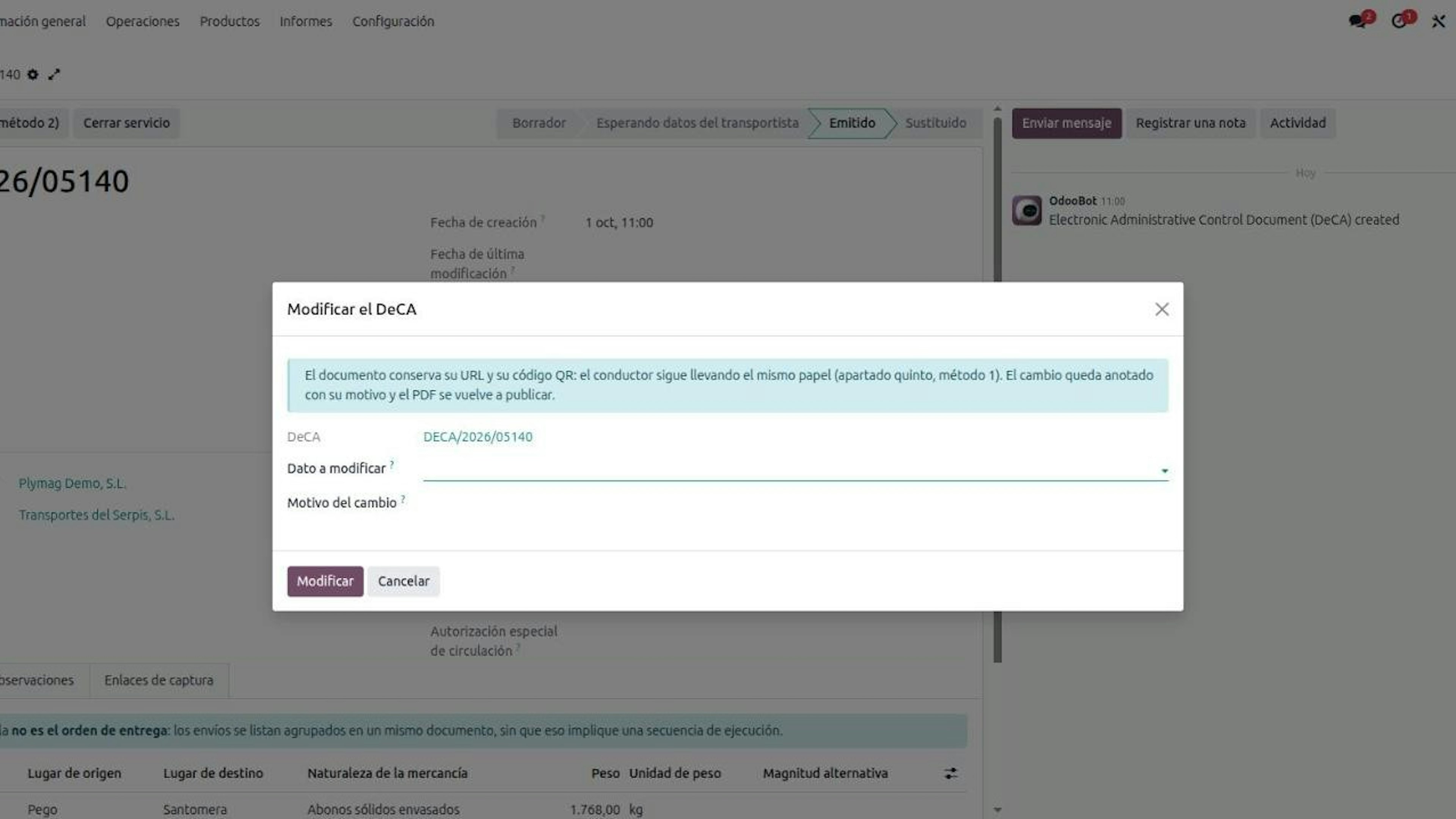 Asistente Modificar el DeCA en Odoo: el documento conserva su URL y su QR, con dato a modificar y motivo del cambio