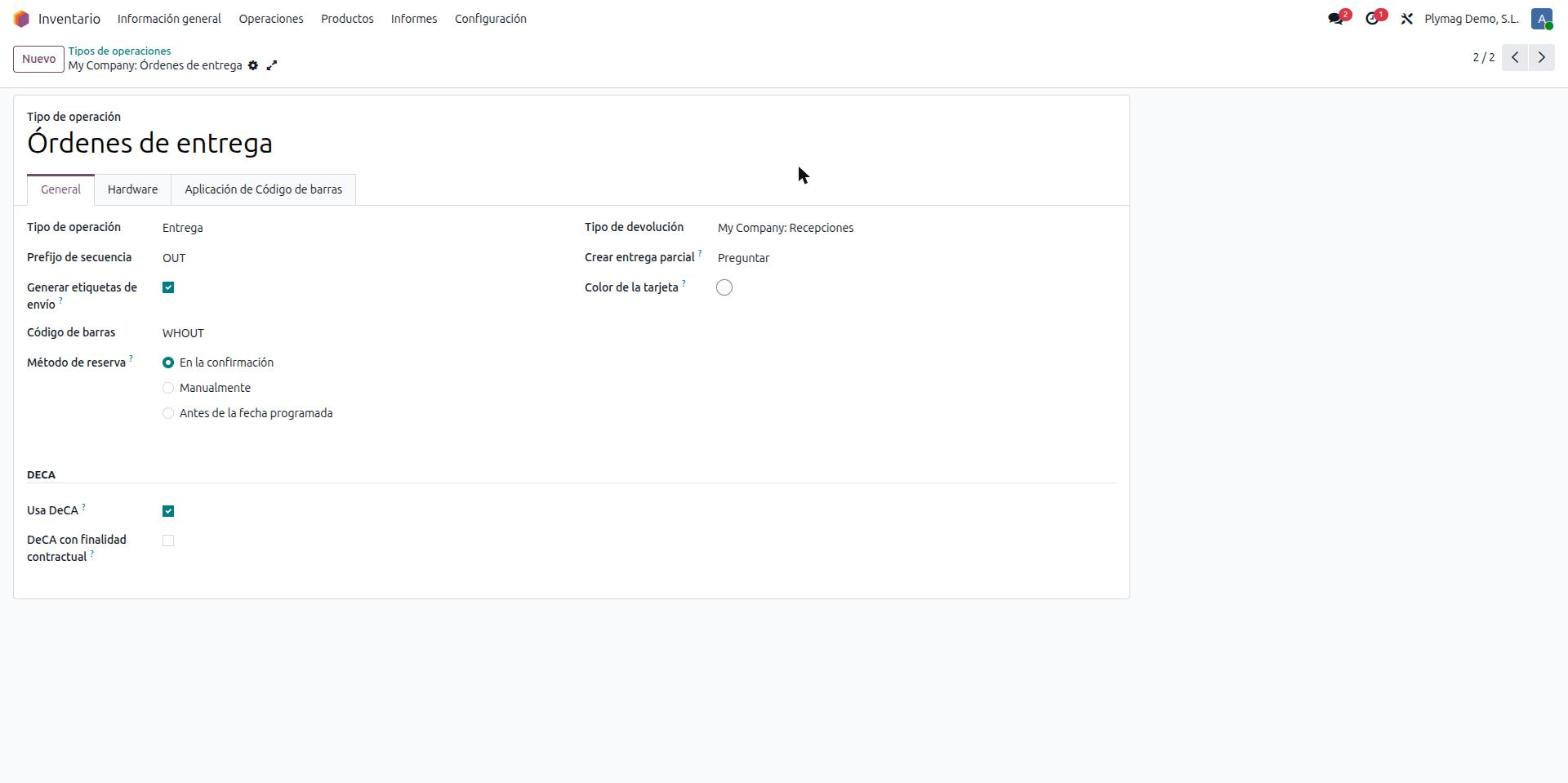 Tipo de operación Órdenes de entrega en Odoo con la casilla Usa DeCA marcada