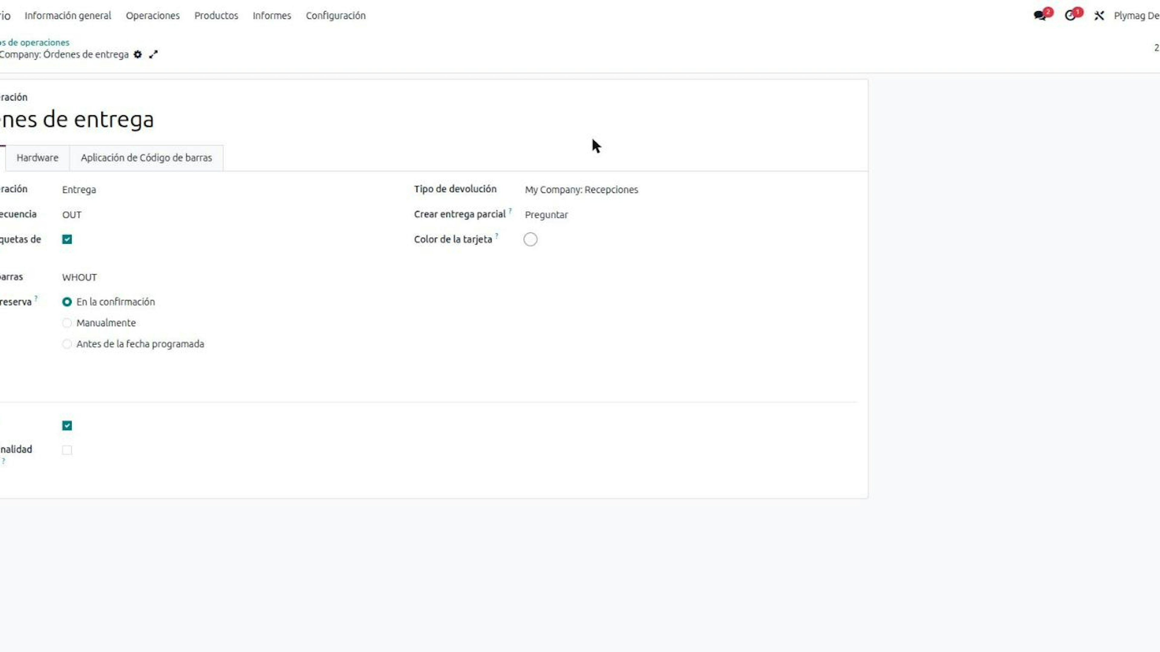 Odoo Delivery Orders operation type with the Uses DeCA checkbox ticked