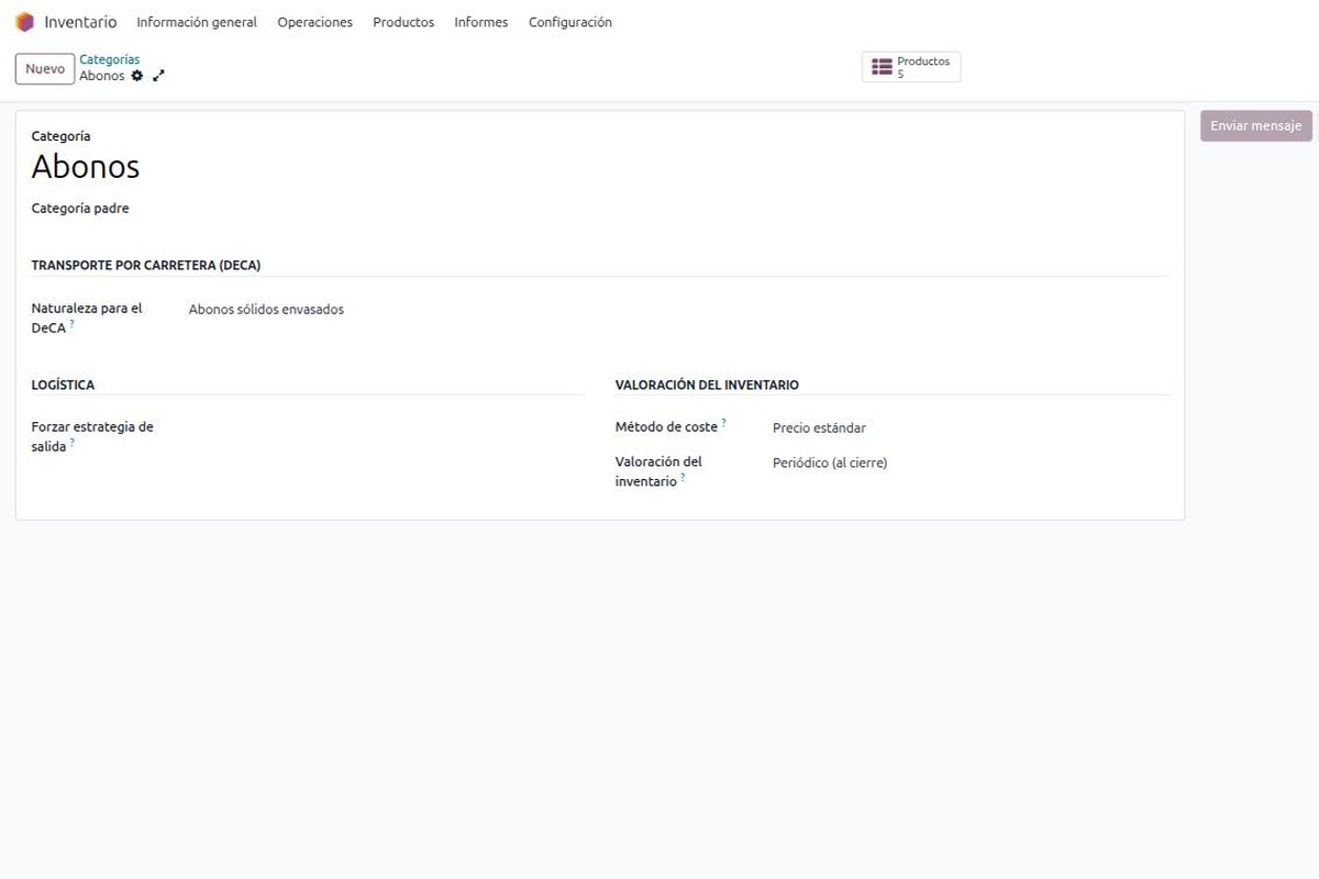 Categoría de producto Abonos en Odoo con el campo Naturaleza para el DeCA rellenado como Abonos sólidos envasados