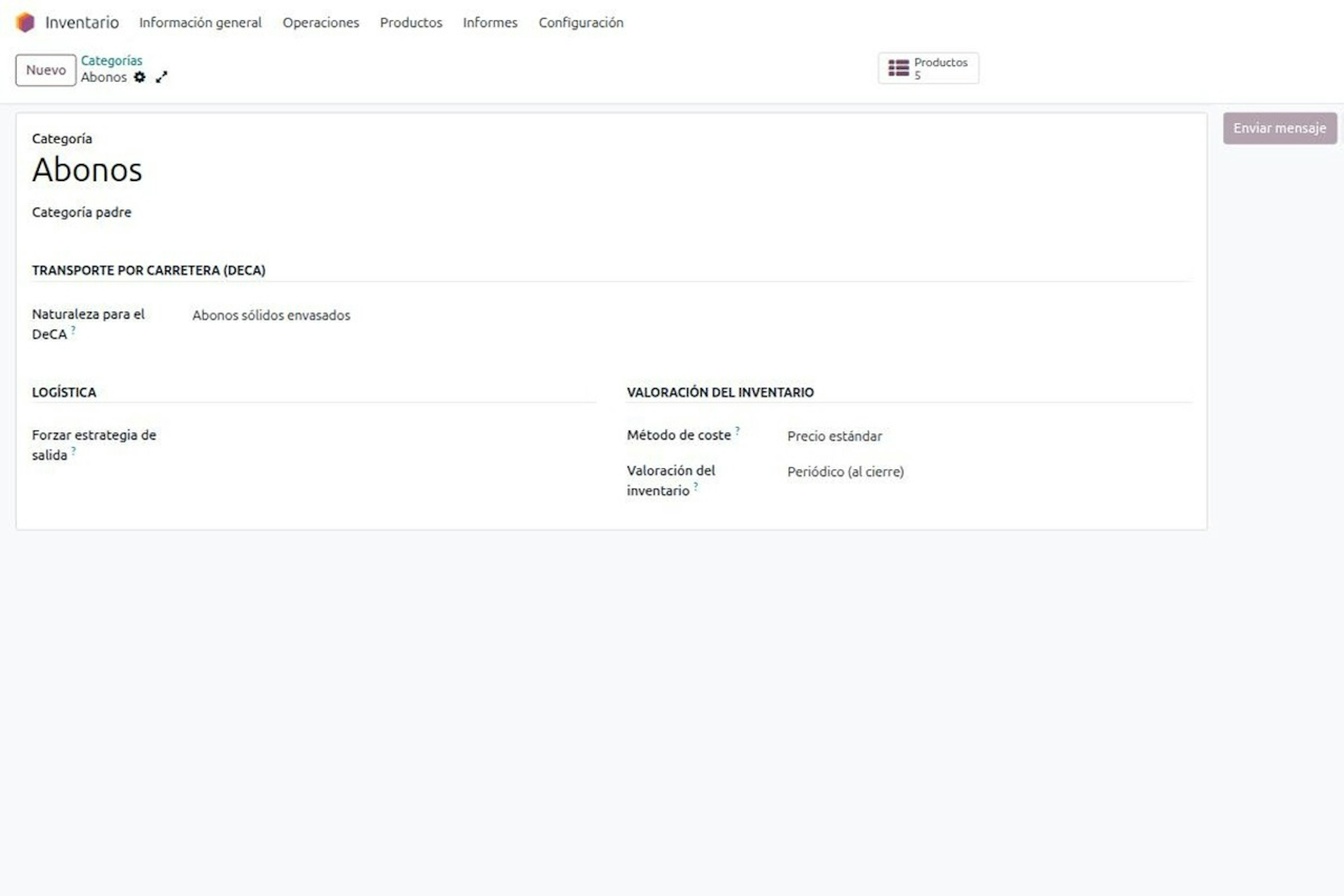 Categoría de producto Abonos en Odoo con el campo Naturaleza para el DeCA rellenado como Abonos sólidos envasados