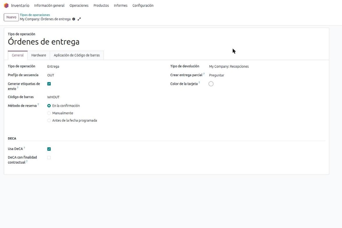 DeCA en Odoo en estado esperando datos del transportista, con cargador contractual y transportista efectivo identificados por separado y aviso de que falta la matrícula de la tractora