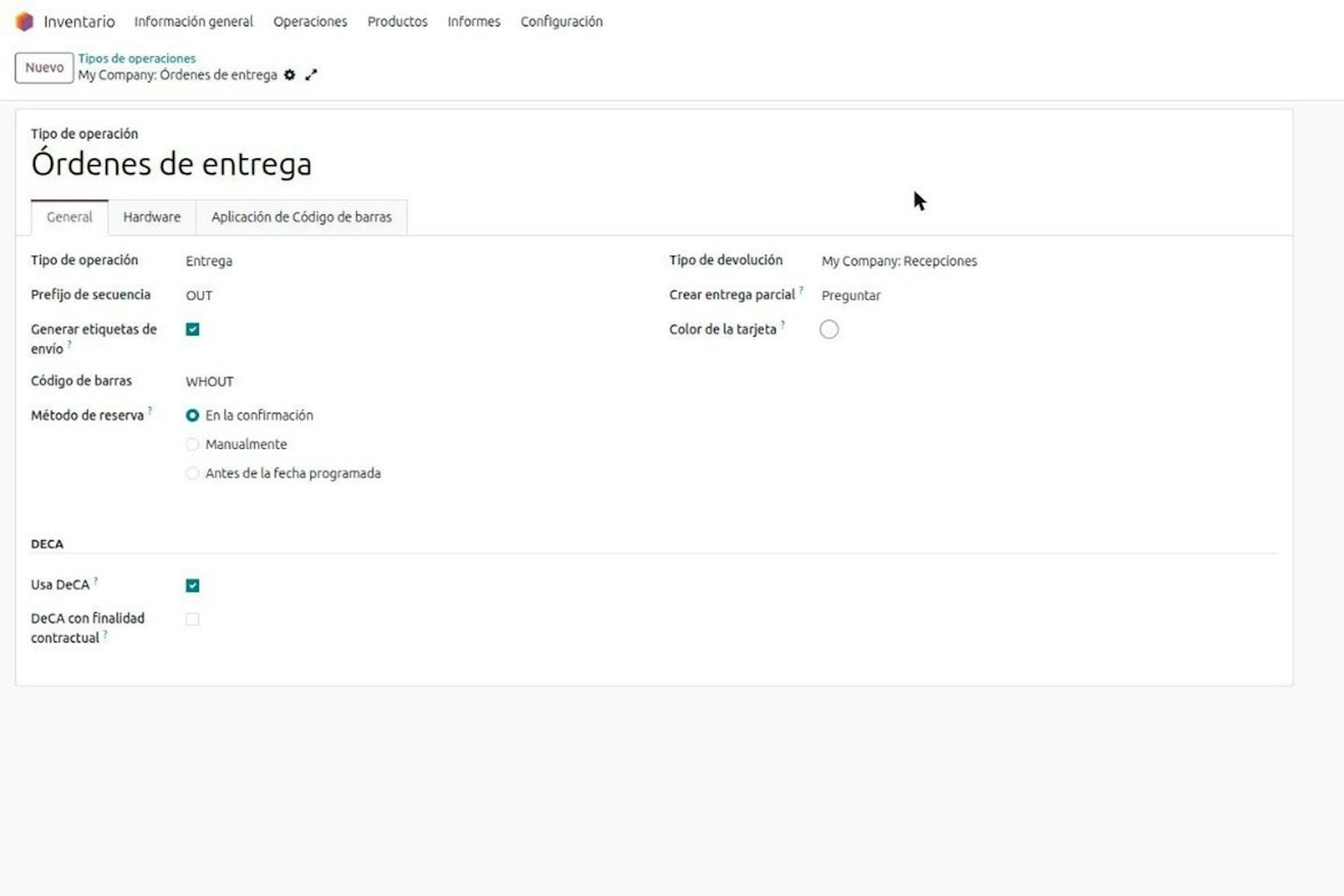 DeCA en Odoo en estado esperando datos del transportista, con cargador contractual y transportista efectivo identificados por separado y aviso de que falta la matrícula de la tractora