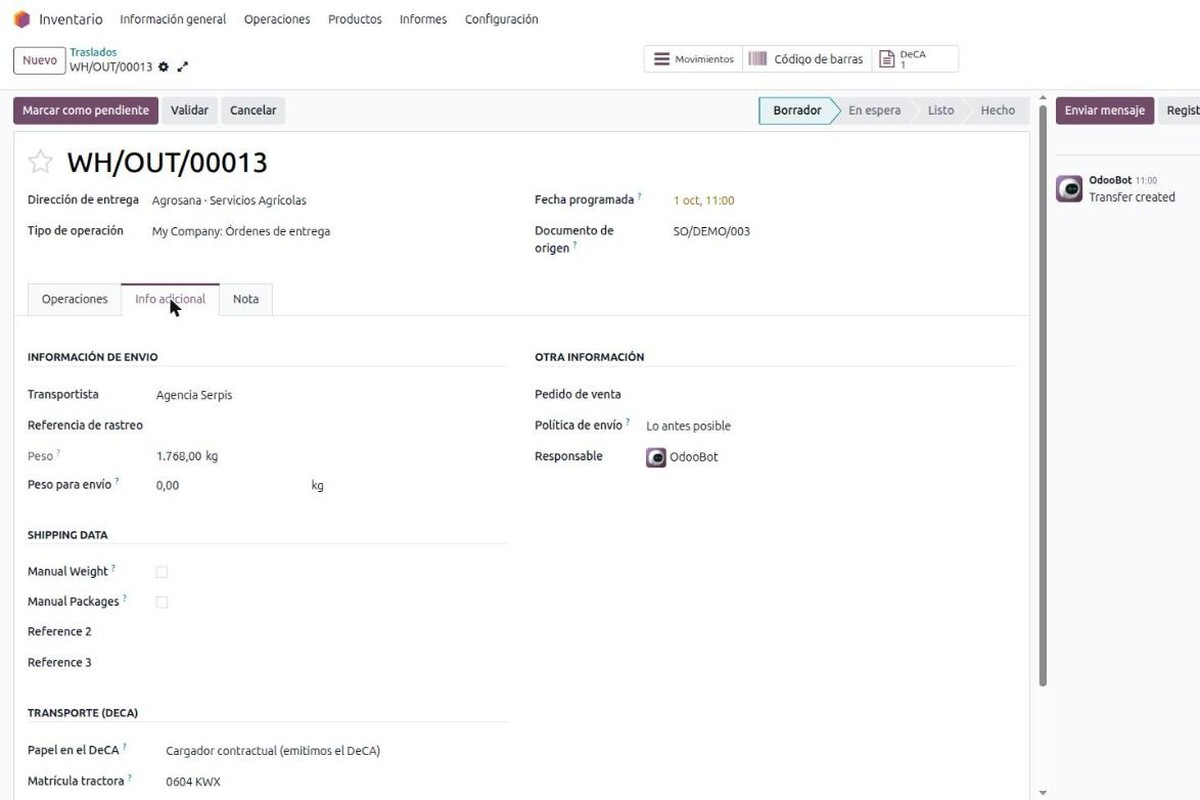 Albarán de salida en Odoo con la sección Transporte (DeCA): papel en el DeCA cargador contractual, transportista y matrícula de la tractora
