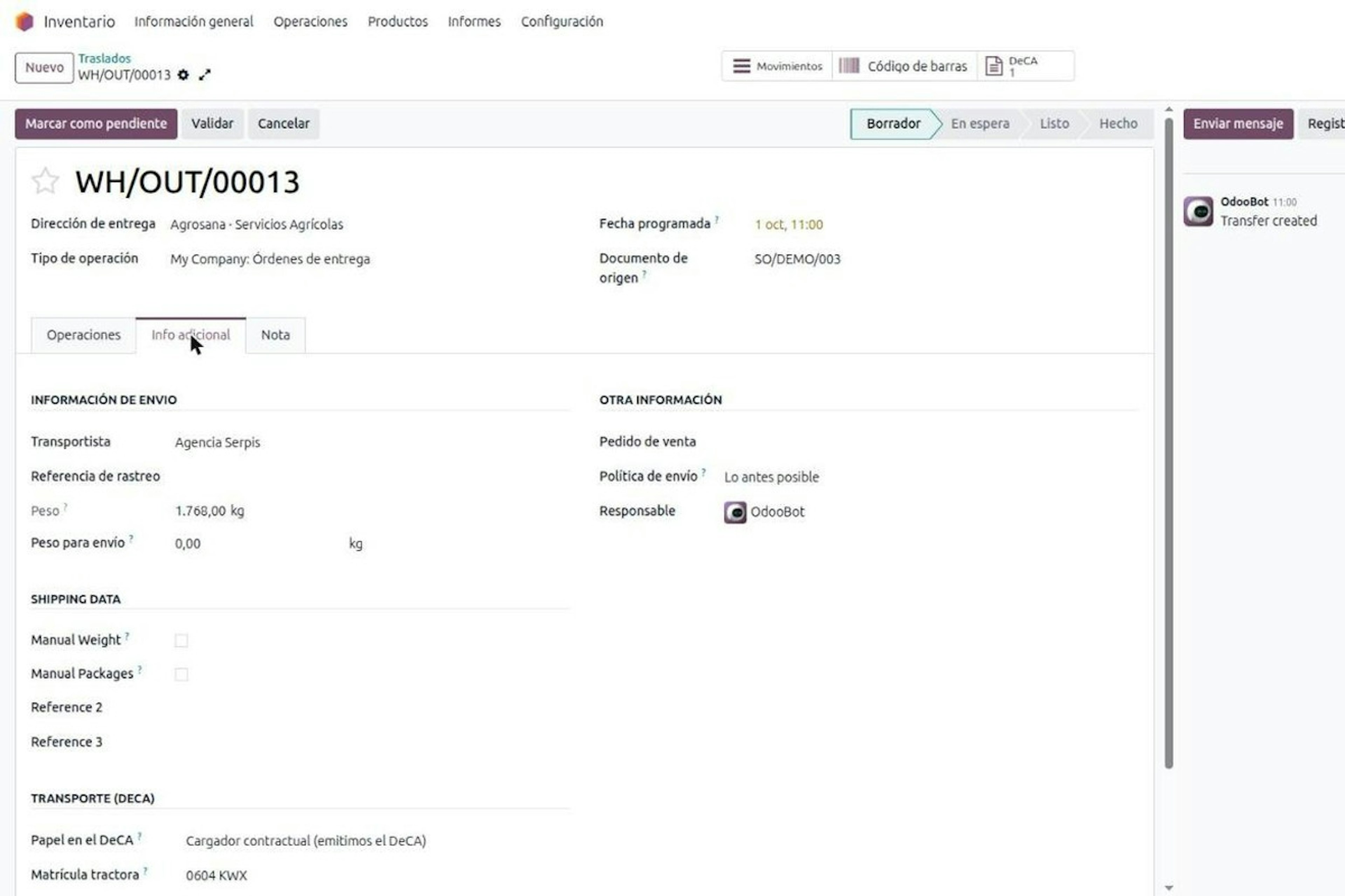 Albarán de salida en Odoo con la sección Transporte (DeCA): papel en el DeCA cargador contractual, transportista y matrícula de la tractora