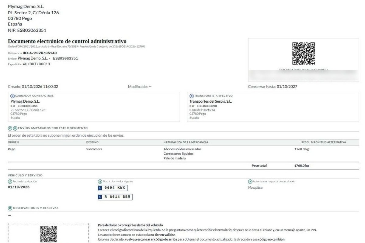 PDF del DeCA generado en Odoo con el QR de verificación en la cabecera, las matrículas vigentes y el QR discontinuo para declarar cambios de vehículo al pie
