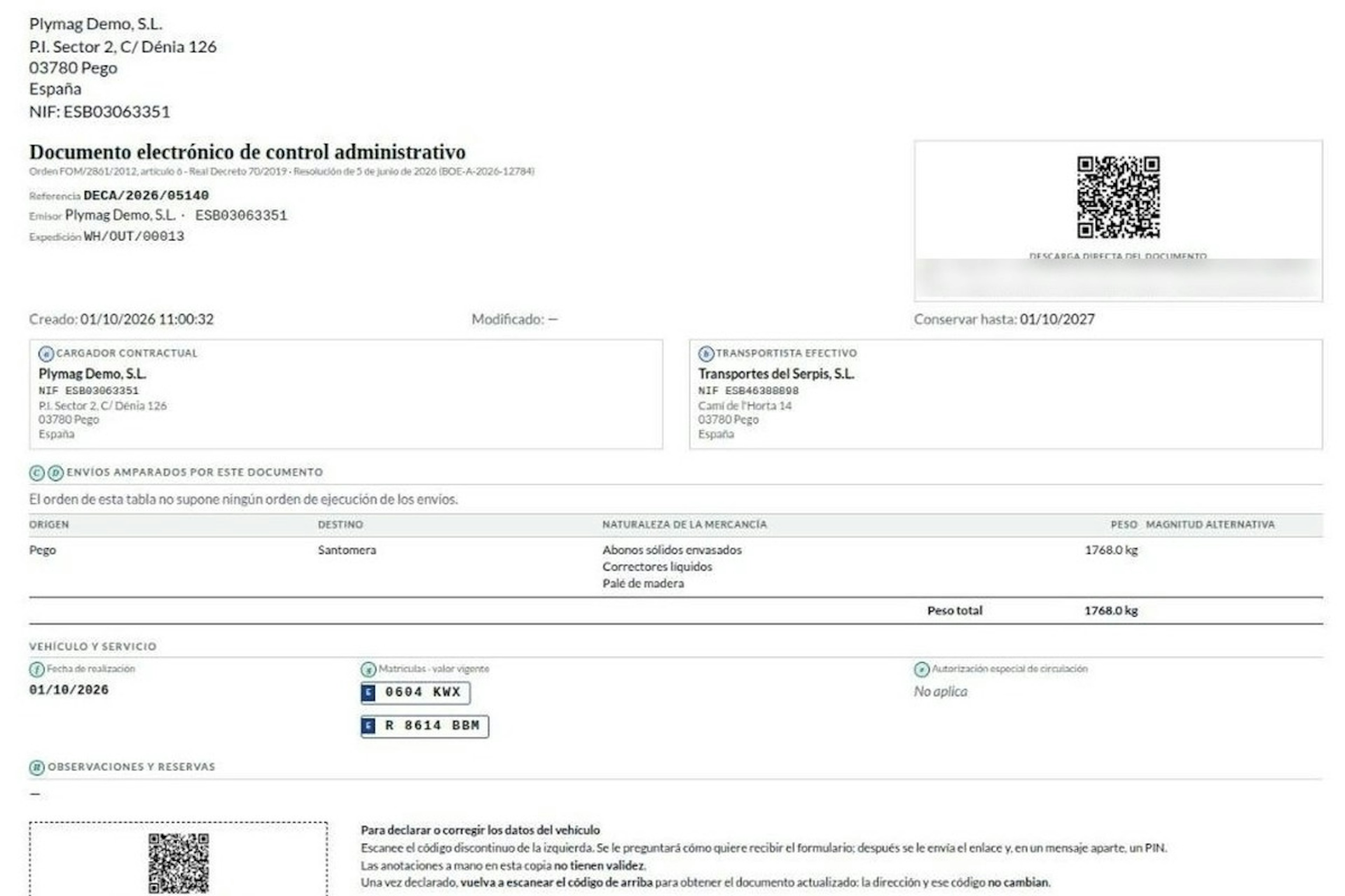 PDF del DeCA generado en Odoo con el QR de verificación en la cabecera, las matrículas vigentes y el QR discontinuo para declarar cambios de vehículo al pie
