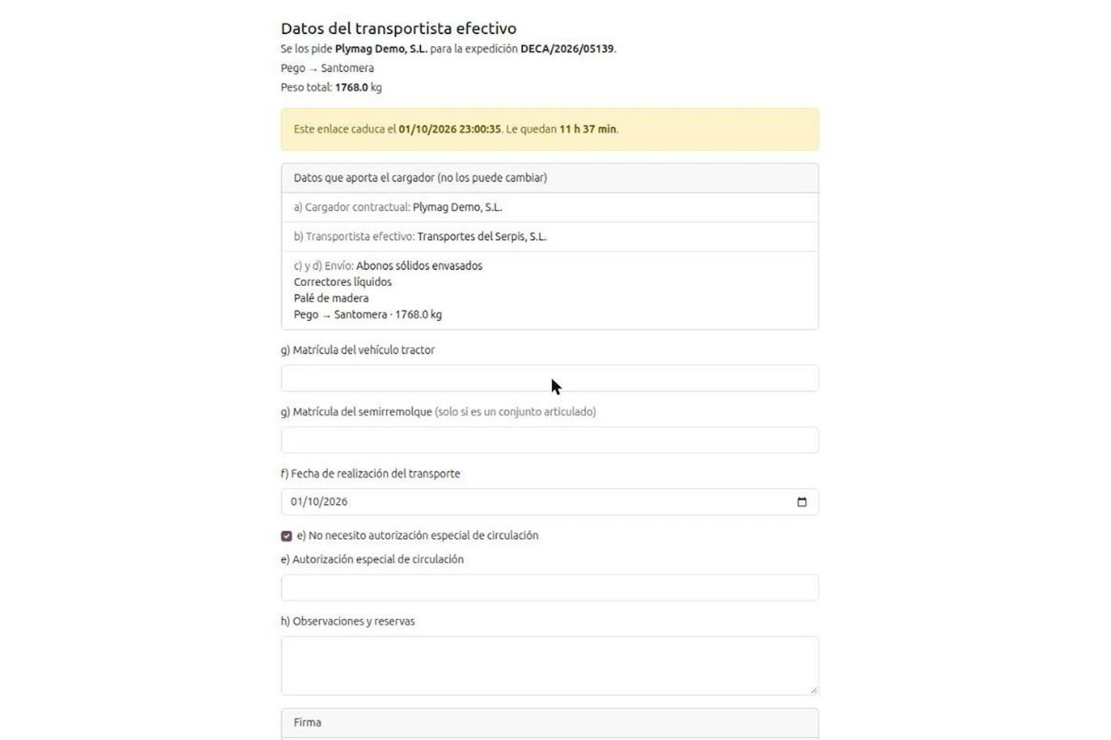 Formulario web del DeCA para el transportista efectivo con los datos del cargador bloqueados y los campos de matrículas, fecha, autorización especial y observaciones
