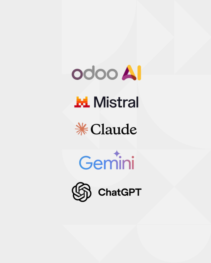 Odoo AI, Mistral, Claude, Gemini, ChatGPT logos