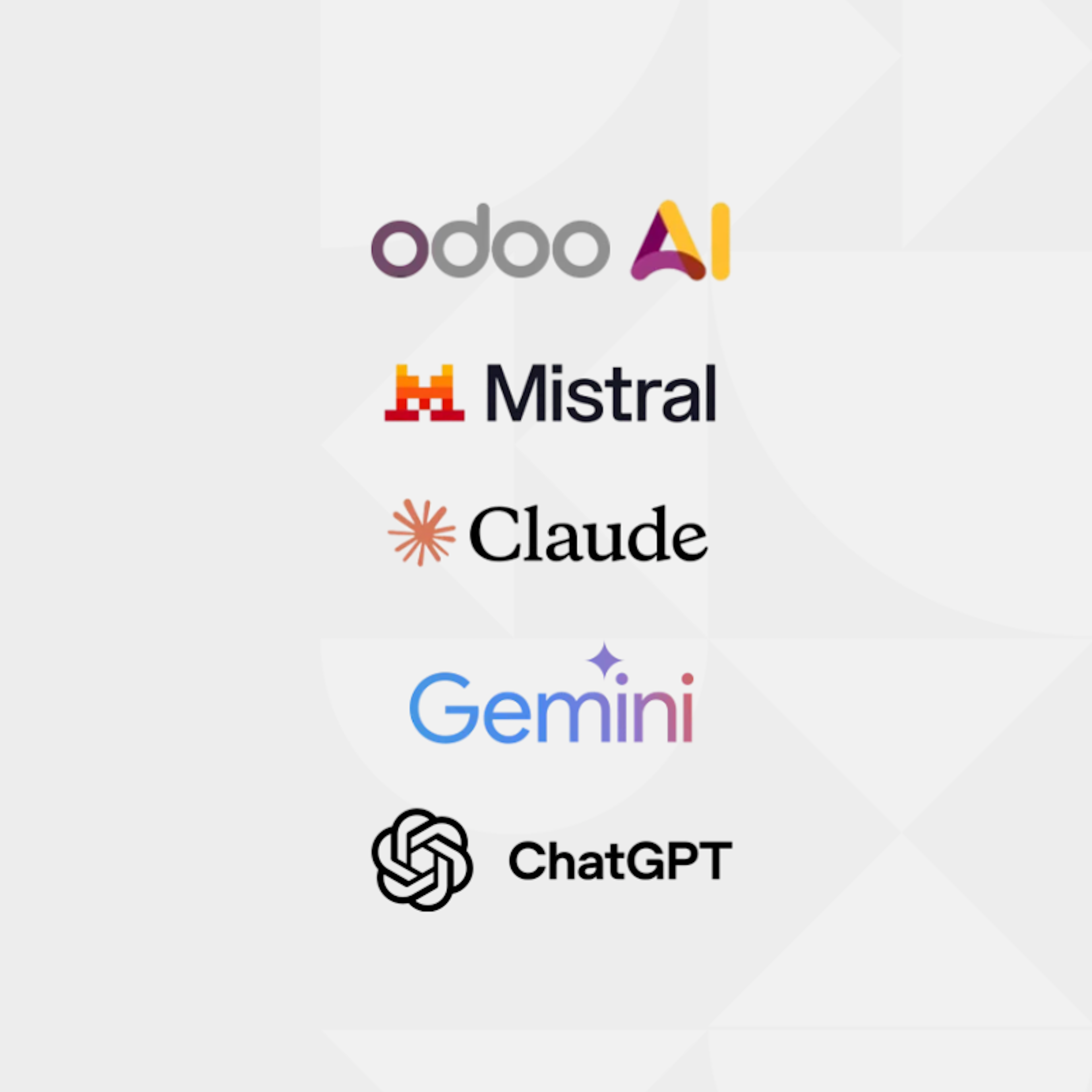 Odoo AI, Mistral, Claude, Gemini, ChatGPT logos