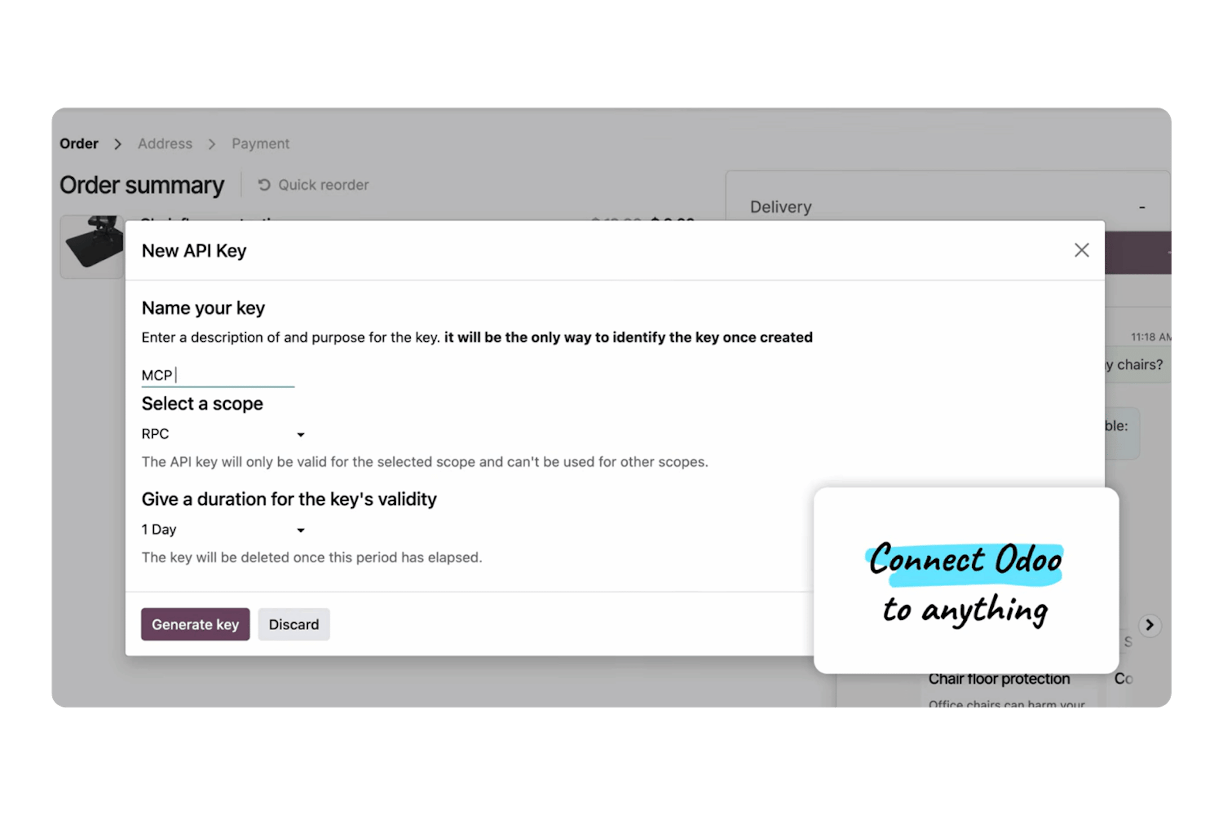 Odoo screen to create a new API key with a scope and a duration