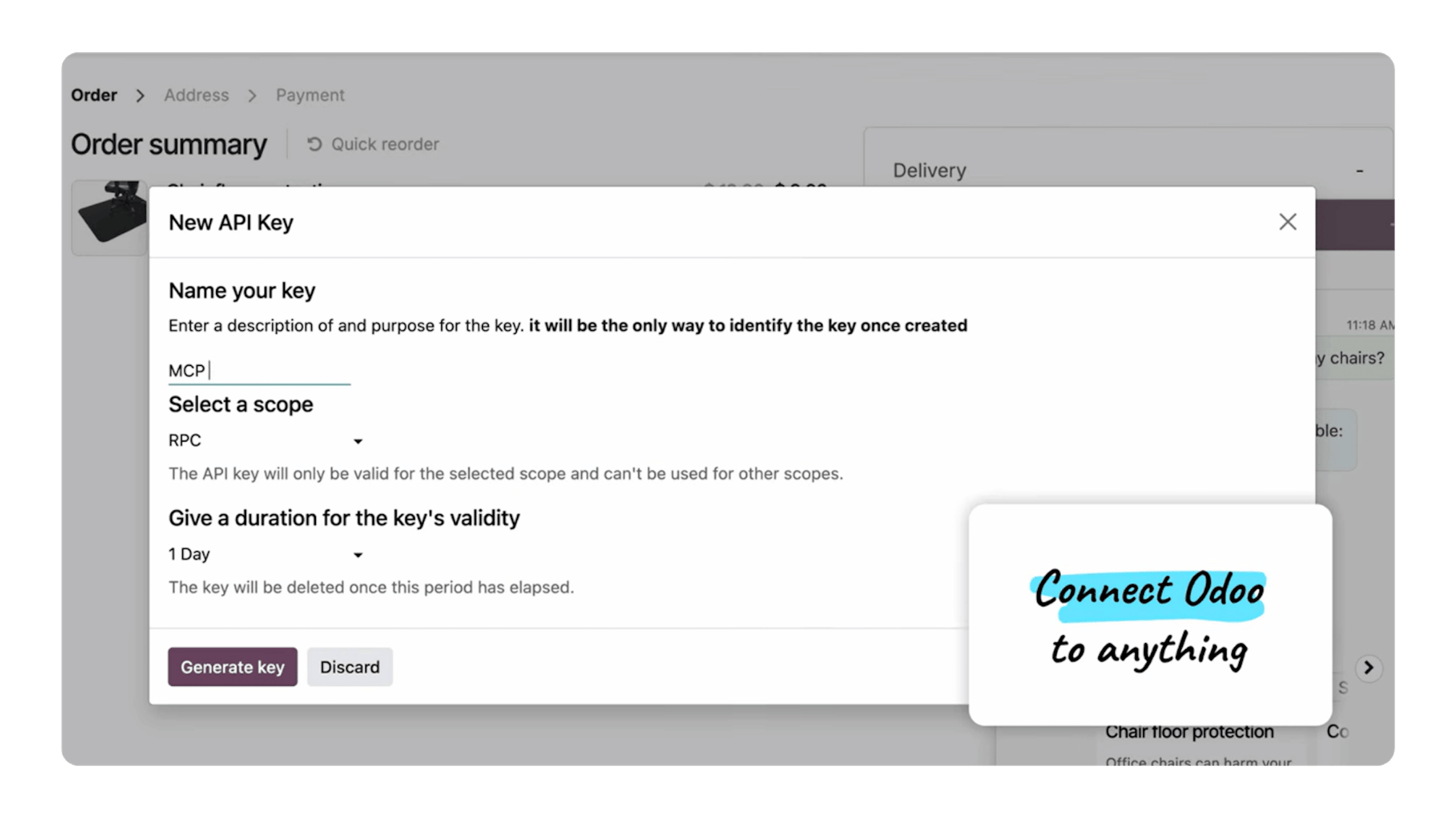 Odoo screen to create a new API key with a scope and a duration
