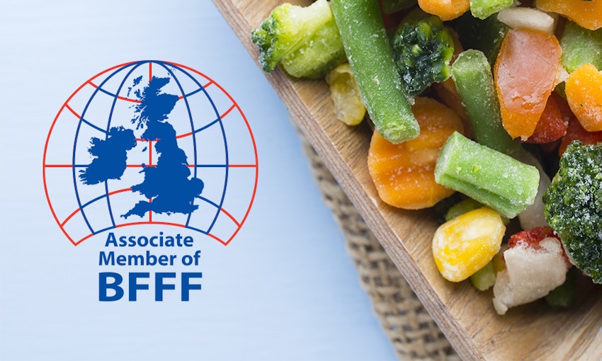Erudus joins the British Frozen Food Federation Associate BFFF Logo next to a wooden chopping board with fresh chopped vegetables