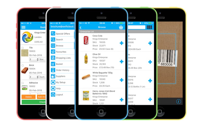 SwiftCloud mobile ordering app on different coloured iPhones