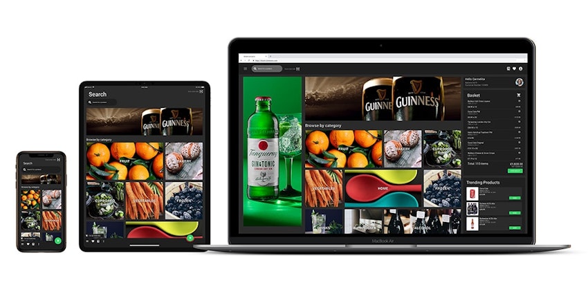 Artistic images of fruit, alcohol, produce and utensils shown in blocks on iPhone ipad and macbook screen