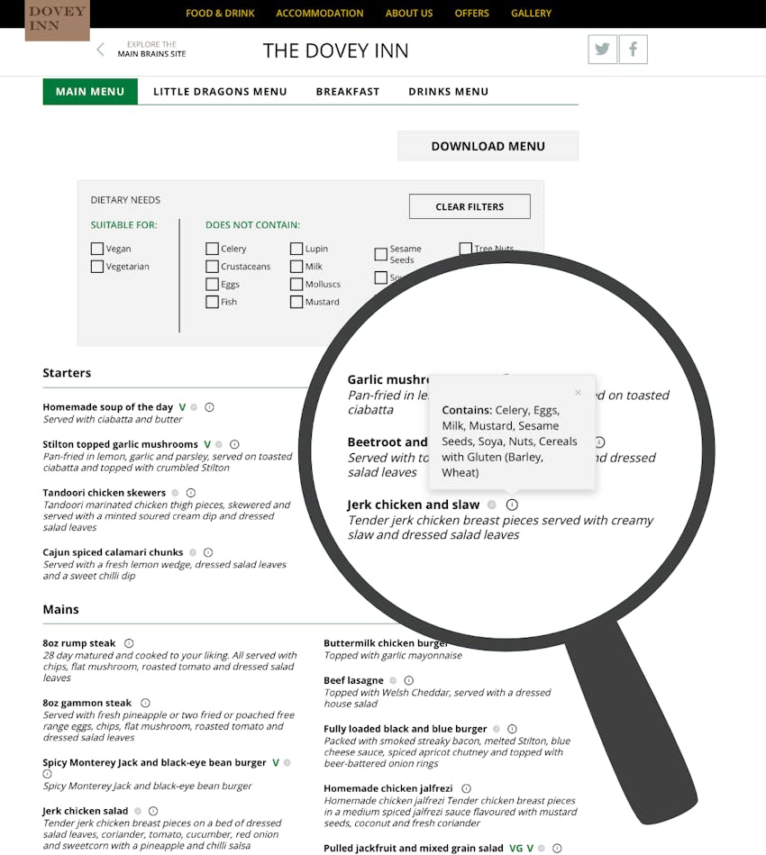 The Dovey Inn Main Menu Options with magnifying glass highlighting allergens 