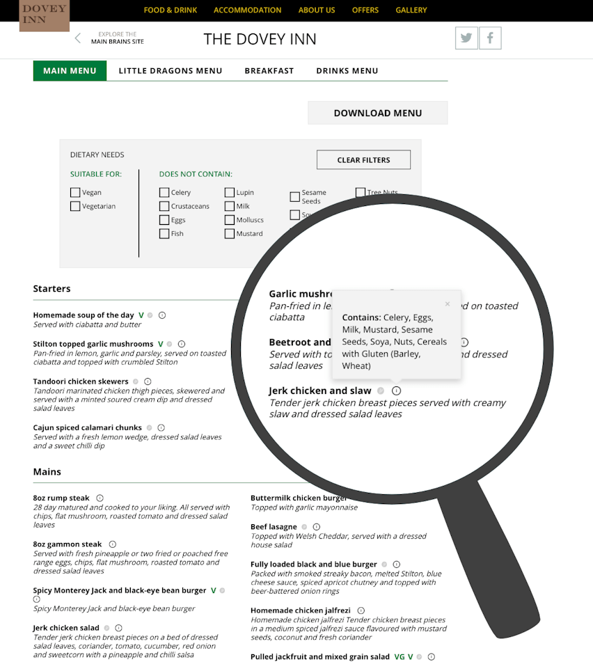 Dovey Inn Menu with Allergen Information The Dovey Inn Main Menu Options with magnifying glass highlighting allergens