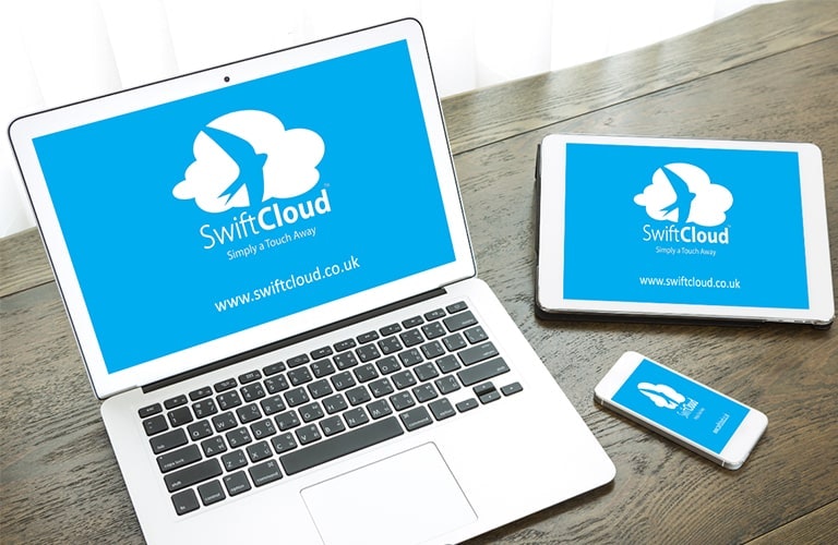 SwiftCloud Integration Blue Swiftcloud Logo full screen on Laptop iPad tablet and iPhone