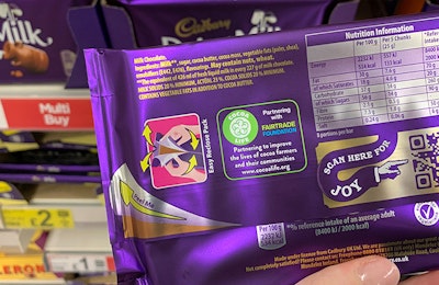 Ingredient list on the back of purple cadburys chocolate bar 