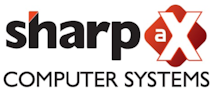 Sharp-aX Integration Parntership  Black Red & White Sharp aX Computer Systems Logo