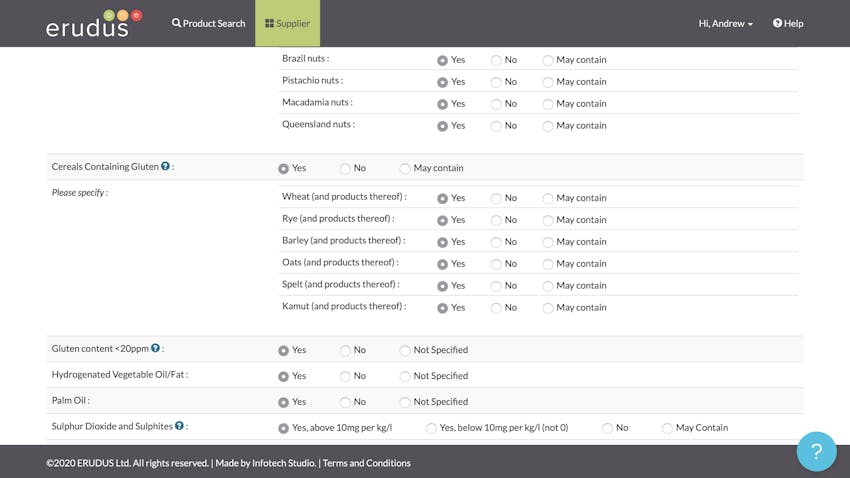 Erudus platform online where the manufacturer selects the gluten content of a product 