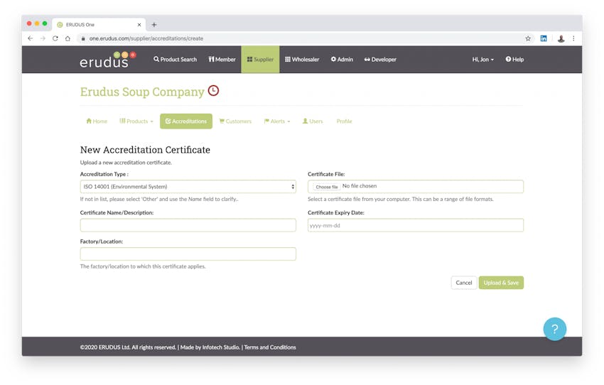 An example of how a supplier can add accreditations to the Erudus platform 