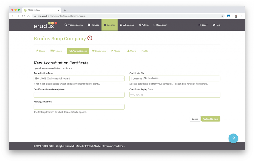 An example of how a supplier can add accreditations to the Erudus platform 