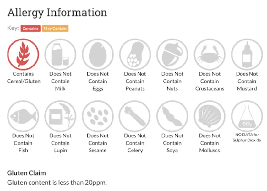 Erudus Allergen Specification with Contains Cereal/Gluten Icon Highlighted 