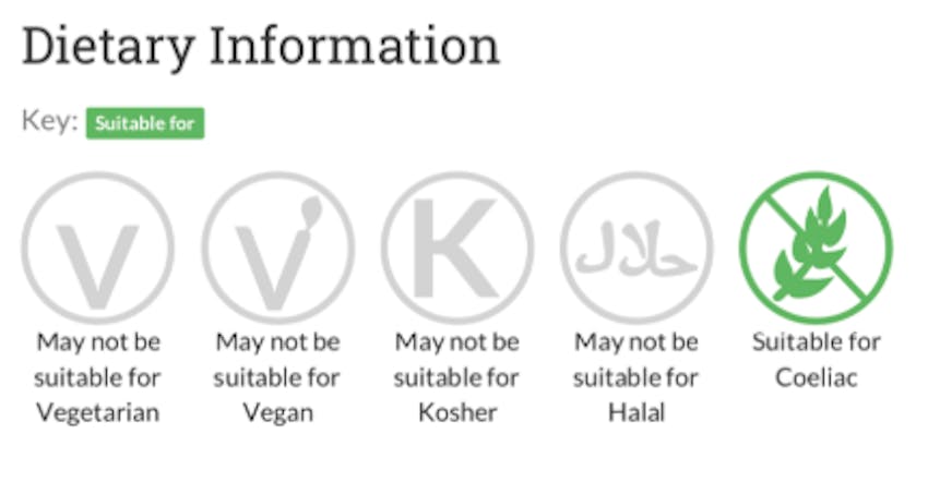 Dietary information on Erudus specification where suitable for coeliacs is highlighted in green to showcase suitability 