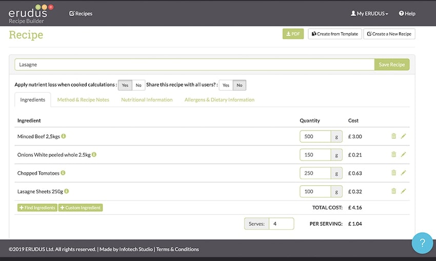 Erudus recipe builder Ingredient list in the recipe builder system 