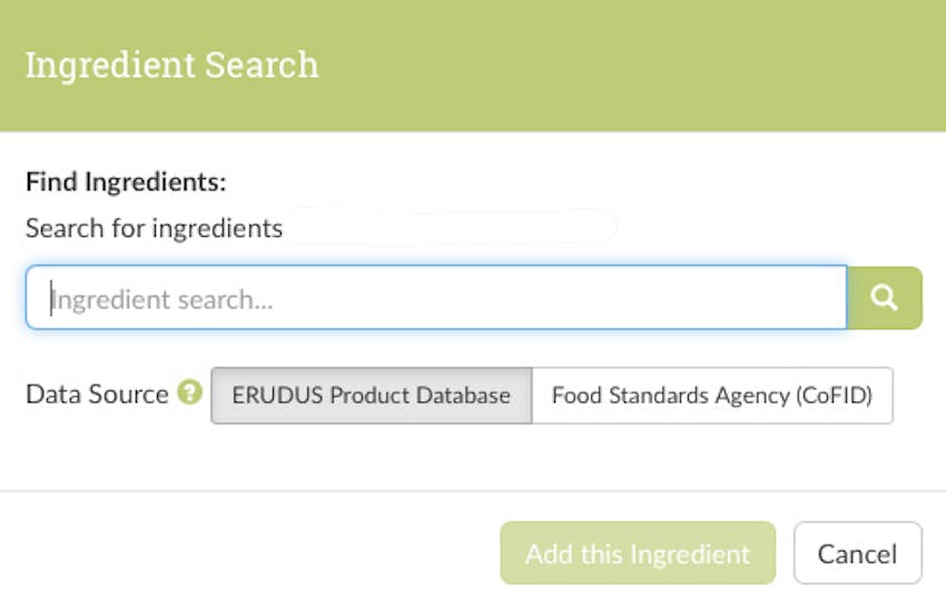 Screenshot of Erudus ingredient search so users can find what they're looking for 