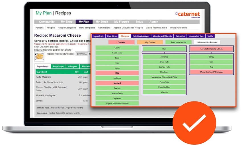 Caternet system recipe plan with ingredients and highlighted allergens