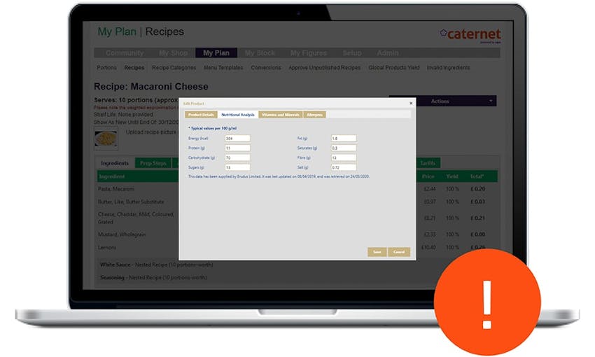 Caternet recipe plan nutritional analysis mockup on laptop screen 