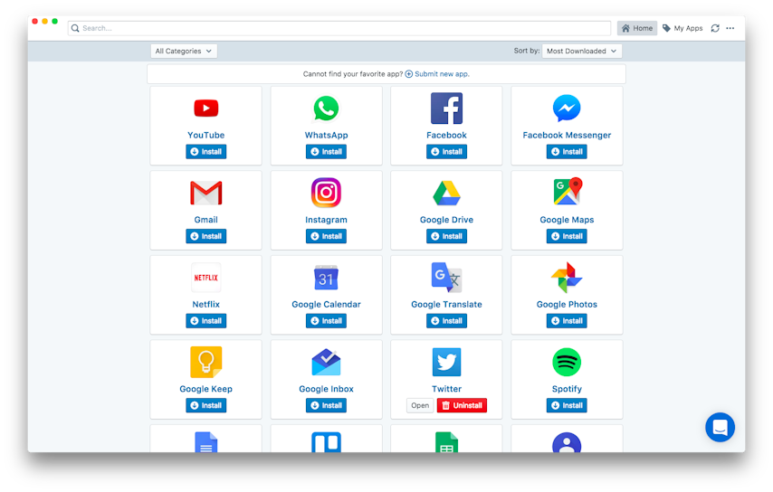 Webcatalog Webpage with various apps and websites to select from 
