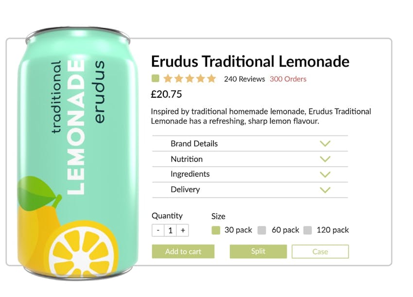 Mockup of Erudus Lemonade for sale in e-commerce format with all product information available 