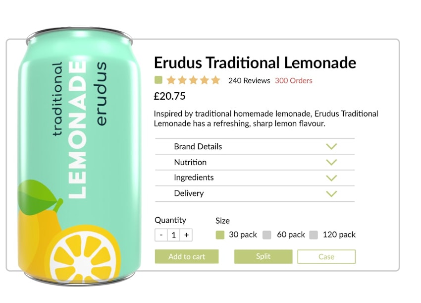 Mockup of Erudus Lemonade for sale in e-commerce format with all product information available 