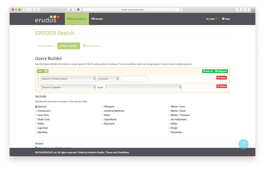 Desktop screen view of Erudus query builder in action within the Erudus system 