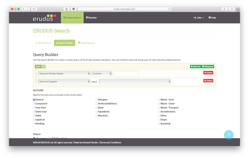 Desktop screen view of Erudus query builder in action within the Erudus system 