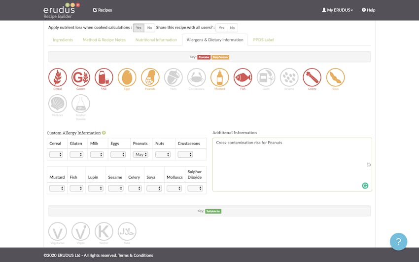 erudus allergen information on product specification with highlighted red and amber allergen icons along with additional information 