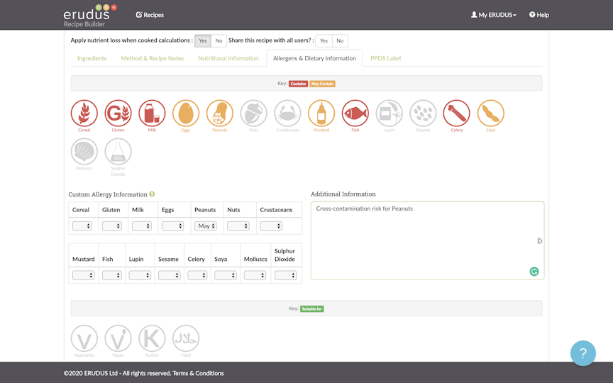 erudus allergen information on product specification with highlighted red and amber allergen icons along with additional information 