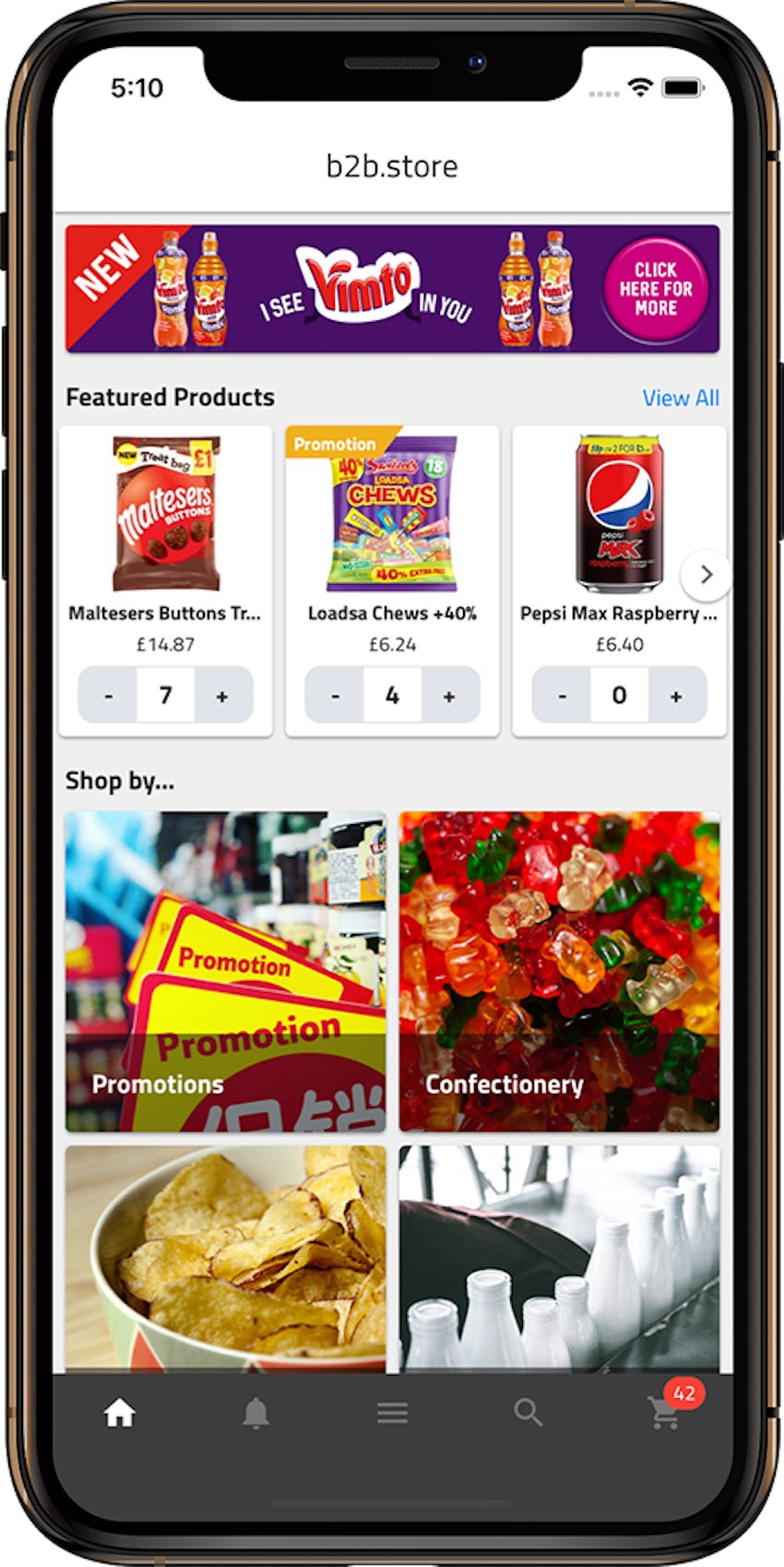 mockup of the b2b.store app with promotions, food categories on an apple iphone 