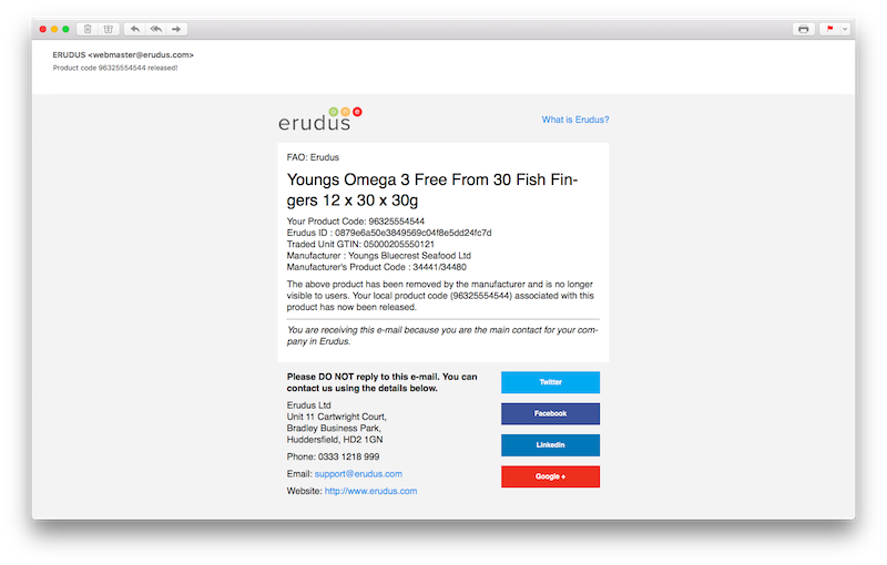 Product Code Release Notifications email of erudus product code release of youngs omega free from fish fingers