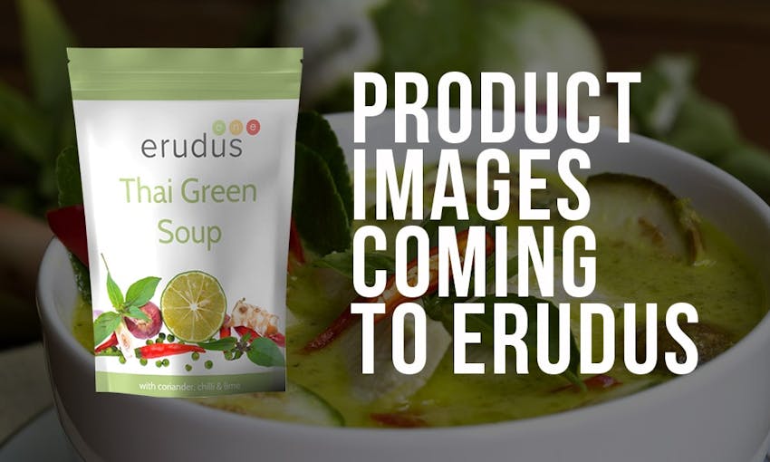 mockup of an erudus thai green soup pouch next to product images coming to erudus capital text 