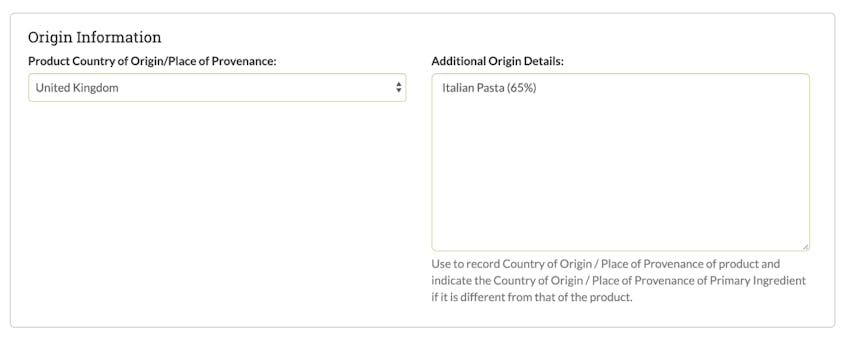 product origin information section of erudus system online 