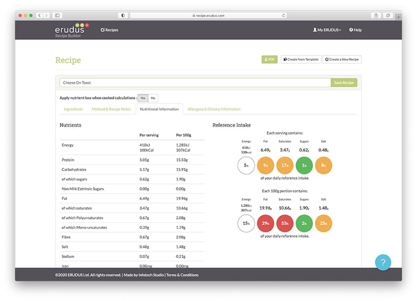 erudus product specification complete with full allergen and nutritional information 