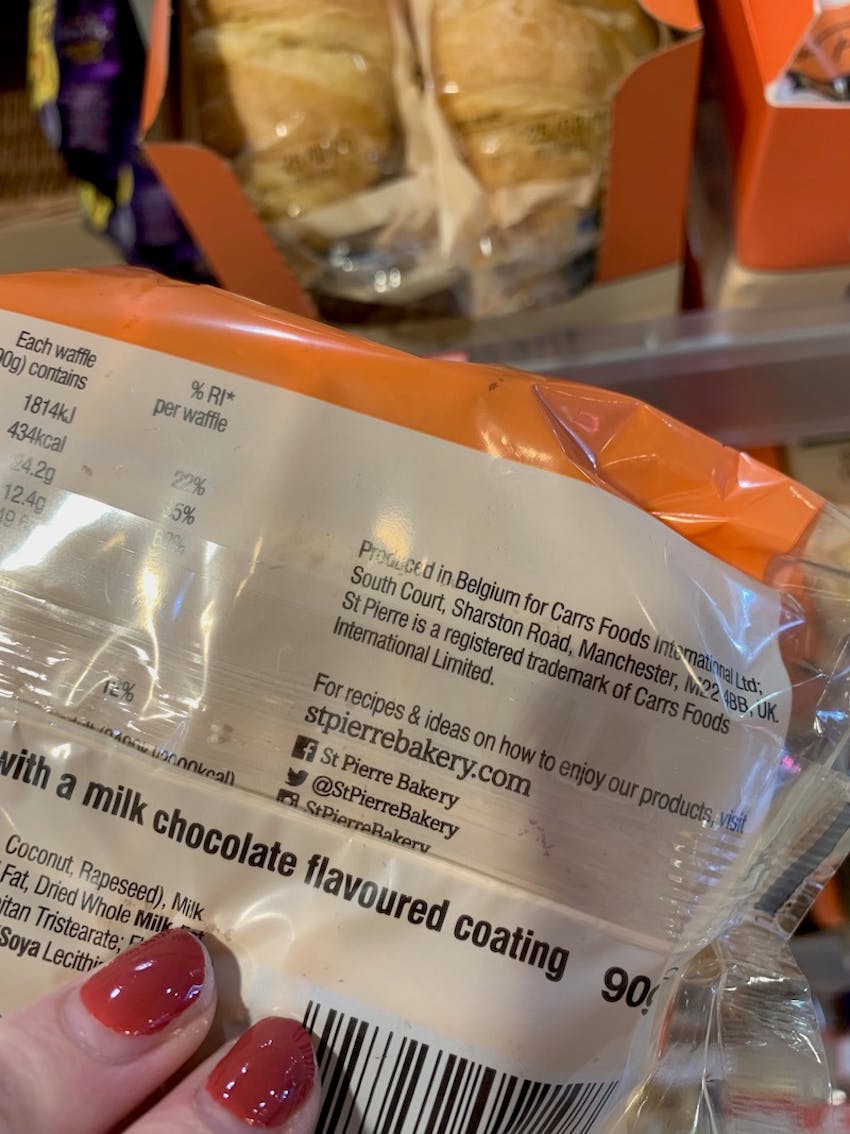 back packet of belgian chocolate waffle with ingredient information 