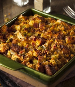 ovenbaked dish of traditional homemade cornbread stuffing 