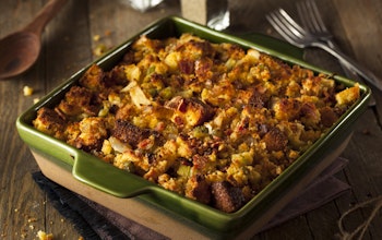 ovenbaked dish of traditional homemade cornbread stuffing 