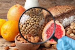 a magnifying glass focusing in on almonds, crustaceans, soyabeans, eggs and grapefruit